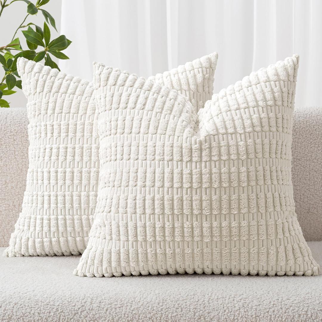 MIULEE Pack of 2 Corduroy Decorative Throw Pillow Covers 18x18 Inch Soft Boho Striped Pillow Covers Modern Farmhouse Home Decor for Sofa Living Room Couch Bed Pure White