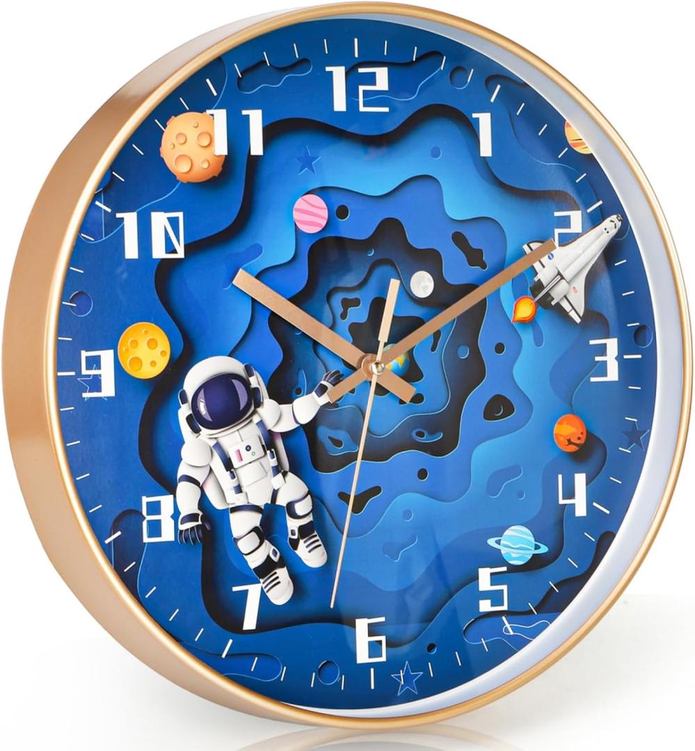 Silent Wall Clock, 12 Inch Space Non-Ticking Wall Clock, Battery Operated Space Travel Astronaut Decor Clock for Office, Classroom, Bedroom, Living Room, Kitchen