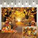 Autumn Forest Scenery Backdrop Fall Farm Harvest Maple Leaves Pumpkins Sunflowers Photography Background Thanksgiving Friendsgiving Family Birthday Party Decorations Photo Booth Studio Props 7x5FT