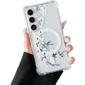 DEFBSC Magnetic Case for Samsung Galaxy S24 FE [Work with Magsafe] Clear Floral Flower Pattern Print Design Flexible Acrylic Shockproof Cover Flower Protective Phone Case, White Pear Blossom