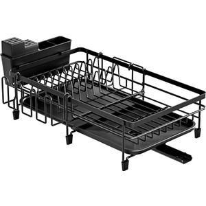 Extendable Dish Rack - a Rust-Resistant Dish Rack Suitable for Kitchen Countertops, Featuring Adjustable Support Legs, a Cutlery Rack, and a Removable Drain Tray
