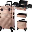 Frenessa Rolling Makeup Train Case 3 in 1 Professional Cosmetic Trolley Large Storage with keys Swivel Wheels Salon Barber Case Traveling Cart Trunk for Make Up Nail Tech - Vintage Rose Gold