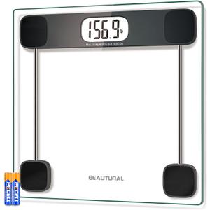 BEAUTURAL Digital Bathroom Scale for Body Weight, LCD Display, 400lb, 4 AAA Batteries and Tape Measure Included,Tempered Glass