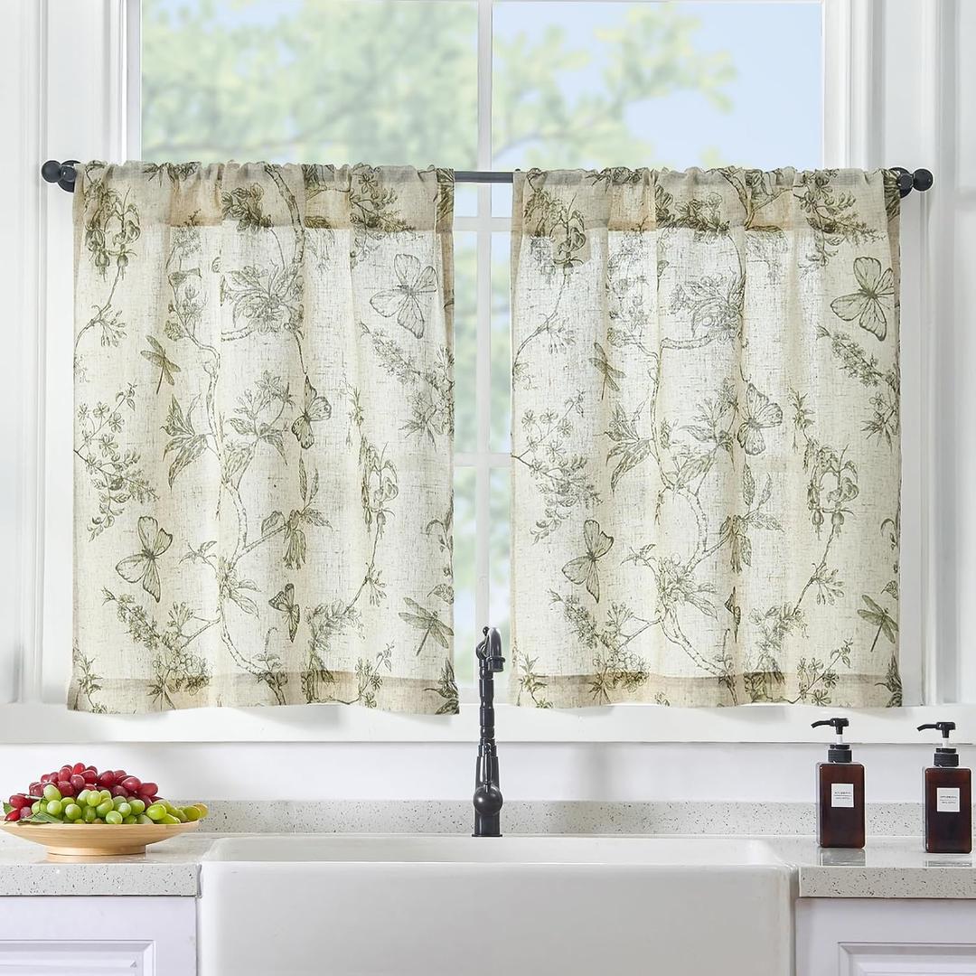 Lazzzy Green Floral Linen Kitchen Curtains 24 Inch Long, Linen Farmhouse Cafe Rustic Country Small Curtains Rod Pocket Tiers, 2 Panels, Green on Beige