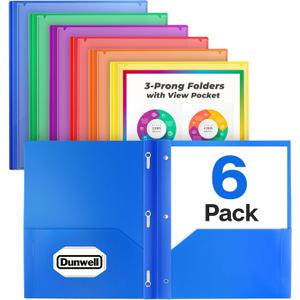 Dunwell 2-Pocket 3-Prong Folders with Clear Front View Pocket, 6 Vibrant Colors, Durable Acid-Free Poly Plastic, 3-Hole Binders with Brads and Pockets, Include Labels (8.5x11")