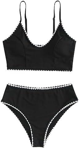 ZAFUL Women Tankini Set, Ribbed High Cut Surplice Swimsuit Bathing Suit with Spaghetti Straps M, 8-black-whip Stitch