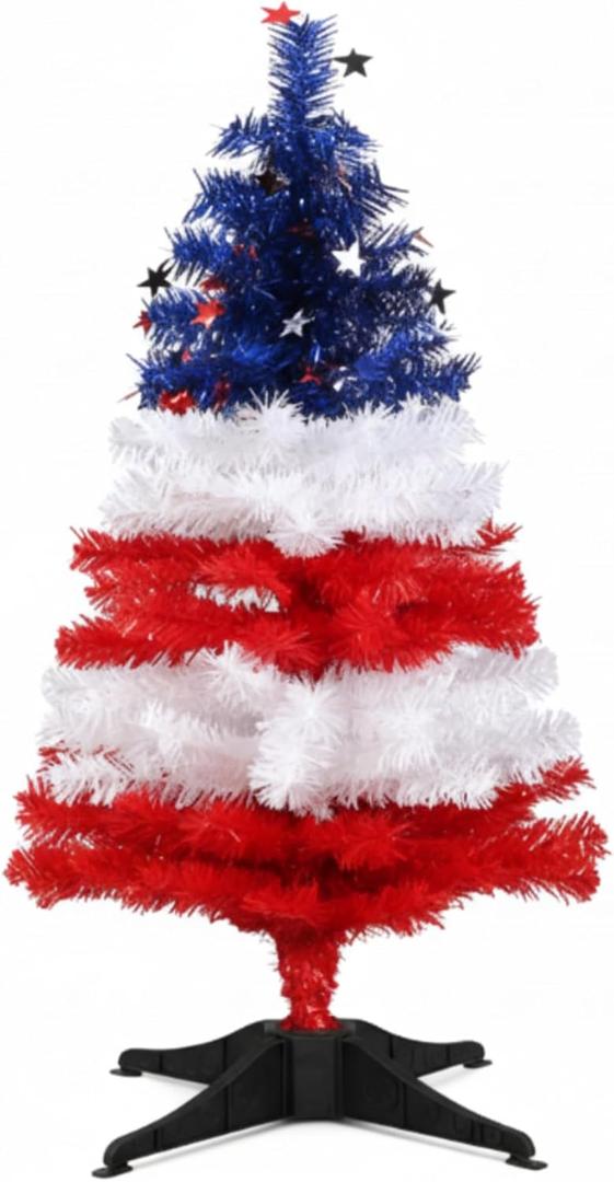 36" Patriotic Christmas Tree Artificial Red Blue and White USA American Flag Tinsel Small Christmas Tree Decorations with Star Ornaments for Holiday Indoor Outdoor Home Desktop