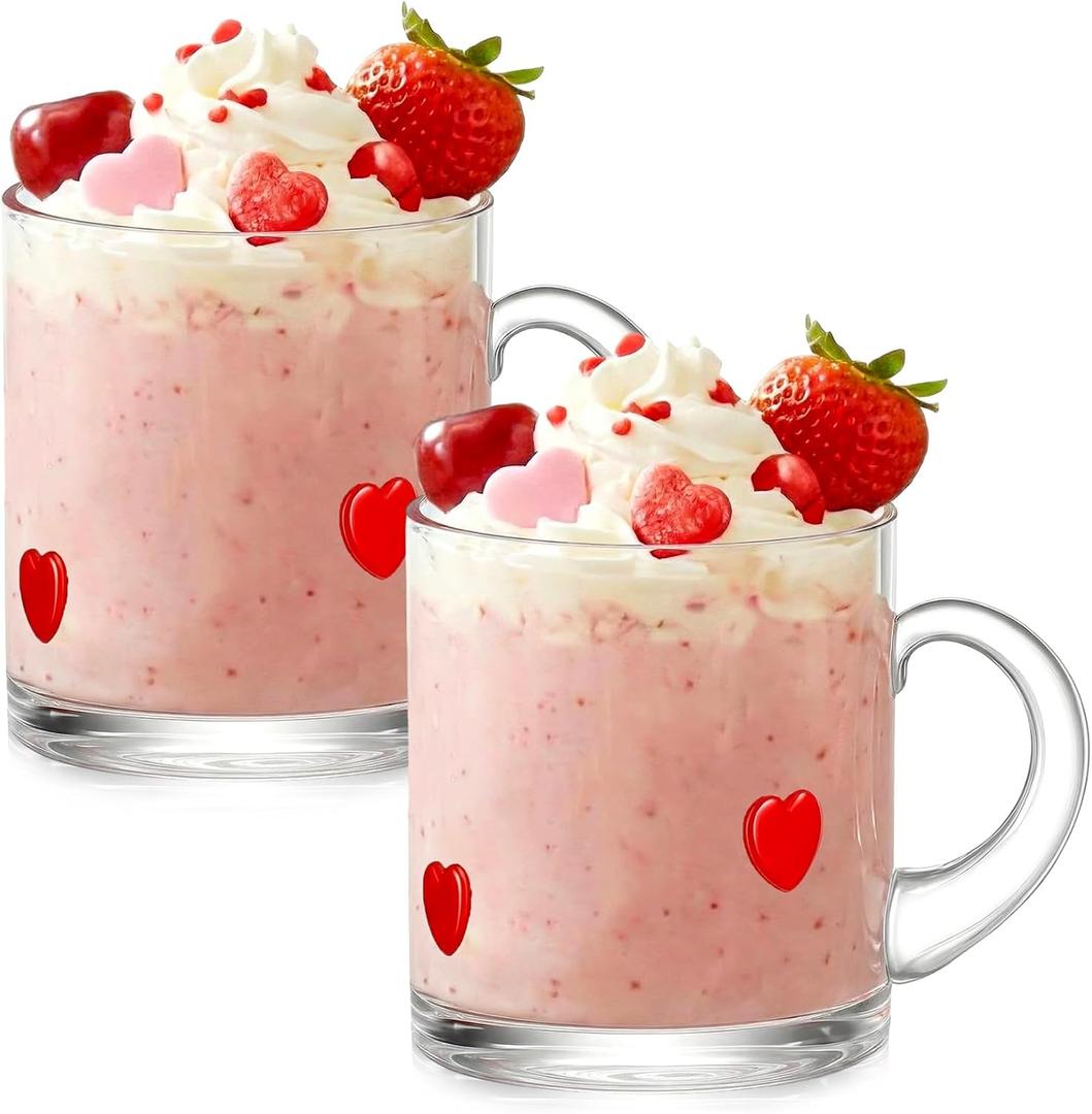 2 Pcs Valentine's Day Icon Glass Cups 14oz Heart Icon Mugs with Handle Clear Drinking Glasses Double Old Fashioned Hand Blown Cocktail Glassware for Women Valentine Party Birthday Gift