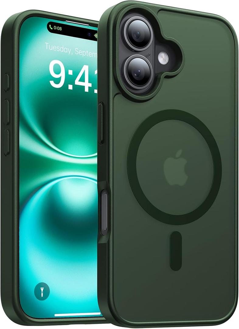 6 x Magnetic for iPhone 16 Case, [Compatible with MagSafe][Military-Grade Drop Protection][Anti-Yellowing] Shockproof Protective Translucent Matte Cover for iPhone 16 Phone Case,Forest Green