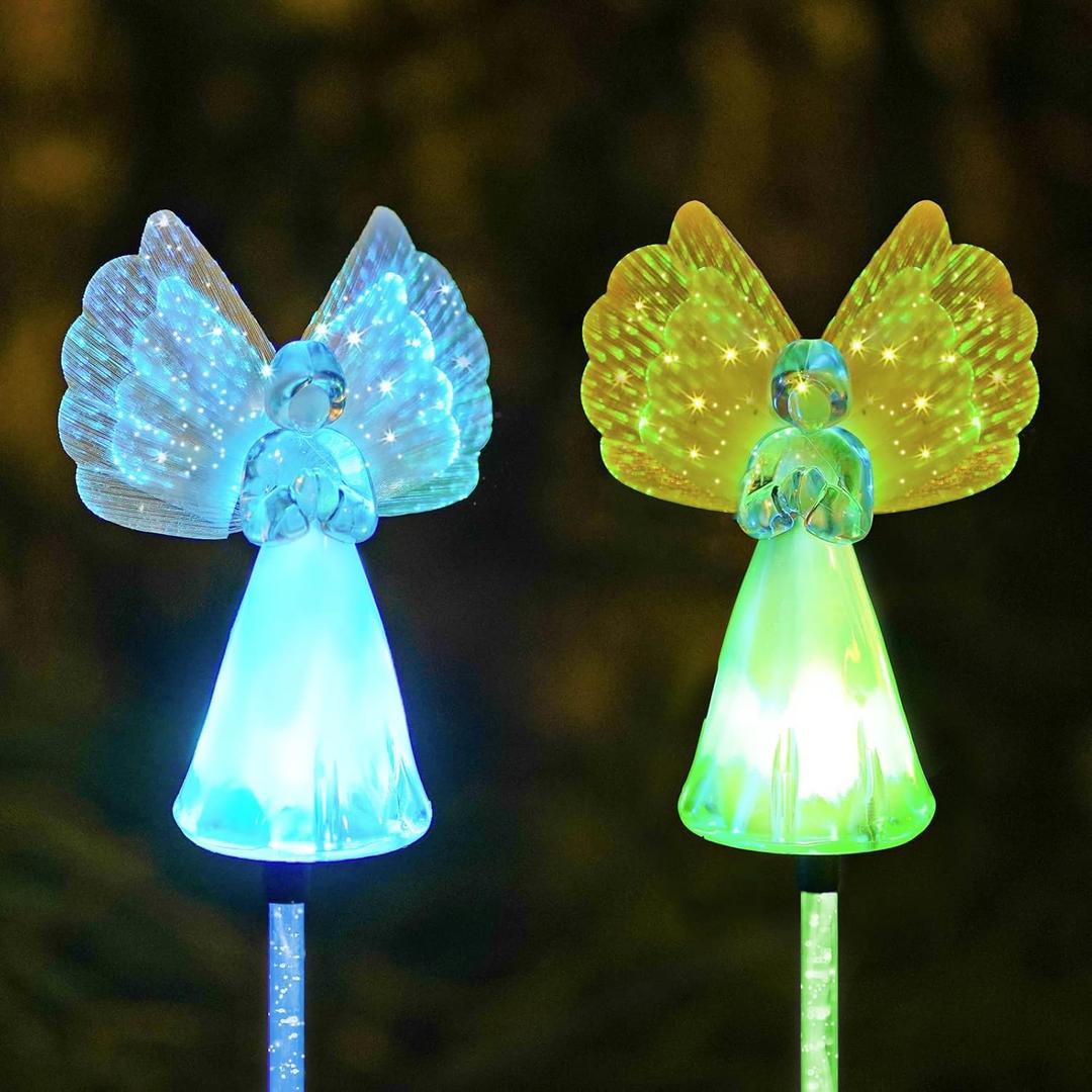 2 x Outdoor Solar Garden Lights,2 Pack Solar Angel Decorative Lights, IP67 Waterproof Color Changing LED Solar Outdoor Lights,Solar Stake Lights for Cemetery Grave Garden Patio Yard Lawn Decoration