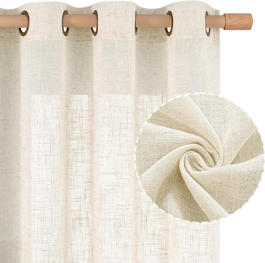 LAMIT 102 inch Natural Linen Curtains for Living Room, Cream Ivory Light Filtering Semi Sheer Long Panels Bronze Grommet Boho Neutral Drapes for Bedroom/Farmhouse, 2 Panels Set, 52 x 102 Inch