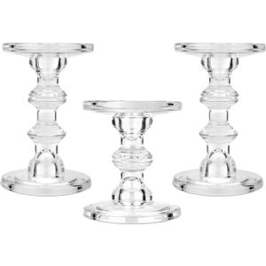 CHILL RECIPE Glass Candle Holder Set of 3, Big Heavy Tall Crystal Candlestick Holder for Pillar Candles Taper Candles, Christmas Decoration Wedding Table Dinning Church Centerpiece (Clear)