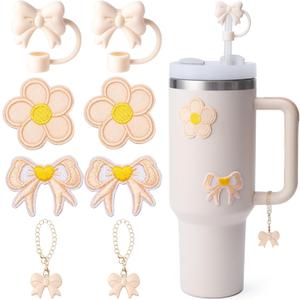 2 x 8PCS Stanley Cup Accessories, Stanley Accessories | 2PCS Silicone Bow Straw Toppers, 2 Cute Bow Handle Charm, 2PCS Water Bottles Bufferfly Patches Self-Stickers Accessories Decor (Beige-Butterfly)