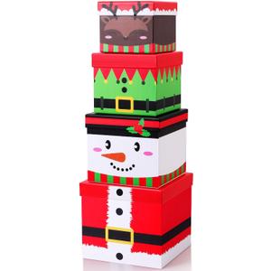 TaoBary 4 Pcs Christmas Nesting Gift Boxes Hard Xmas Stackable Decorative Boxes with Lids Elk Santa Snowman Elf Nested Decor for New Year Holiday Birthday Party Gift Decor