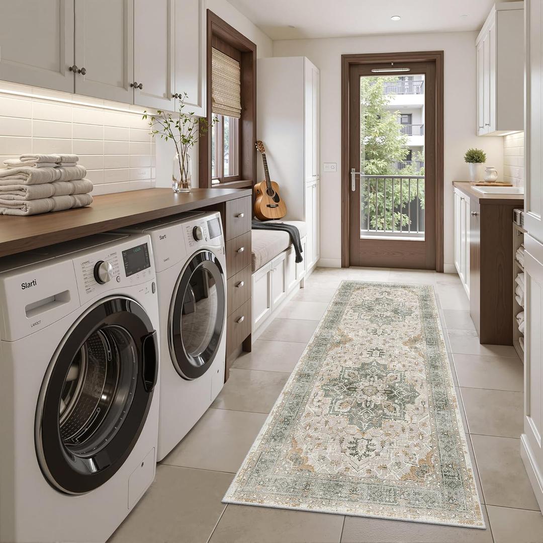 Madane Washable Runner Rug - 2x6 Rug Runners for Hallways 6 Foot Non Slip Vintage Kitchen Runner Rug Ultra-Thin Bathroom Runner Rugs Carpet Laundry Room Bedroom (2x6ft, Light Taupe Brown)