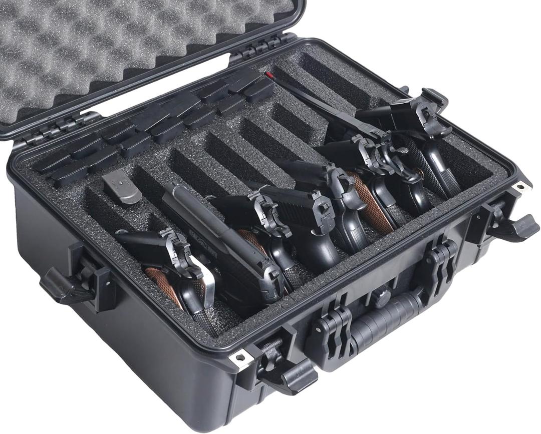 8 Pistol Waterproof Case. 6 Semi-Autos + 2 Wheel Guns. Heavy Duty, Airtight, Padlockable. Pre-Cut Foam for Wide Variety of Firearms. Also fits 24 Mags.