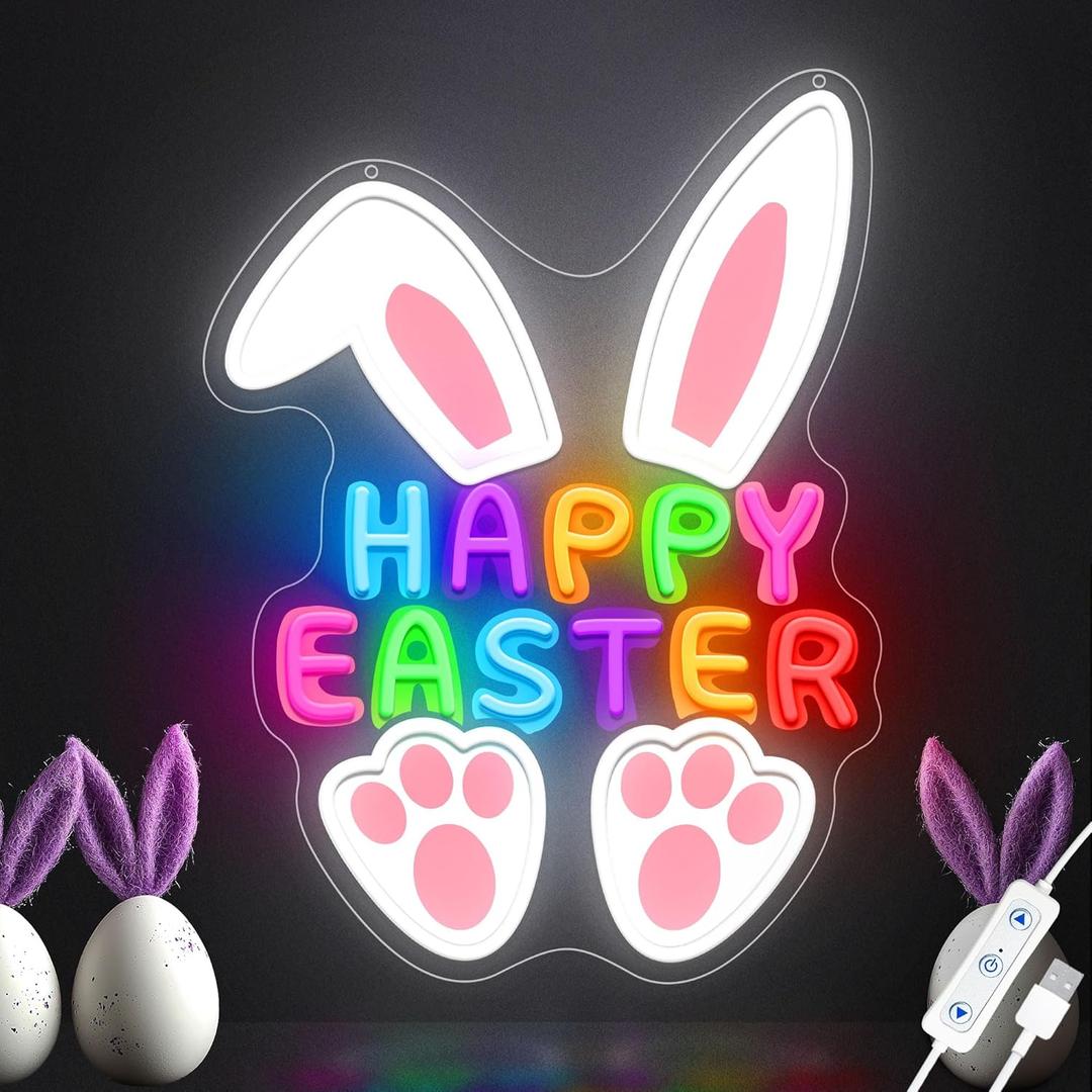 Happy Easter Neon Signs for Wall Decor, LED Bunny Egg Neon Light with USB Dimmable, Glowing Decor for Easter Party, Church, Kids Room, Home & Friend Gifts
