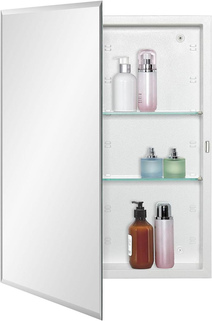 Bathroom Medicine Cabinet with Beveled Edge Mirrored Door 20 x 26 inch, Recessed or Surface Mount, with Adjustable Glass Shelves (Matt White)