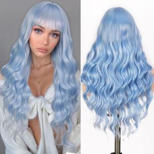 Fancy Hair Light Blue Wig with Bangs Long 26 Inches Mermaid Blue Synthetic Hair Wavy Curly Heat Resistant Costume Wigs for Women Cosplay Party Daily Use