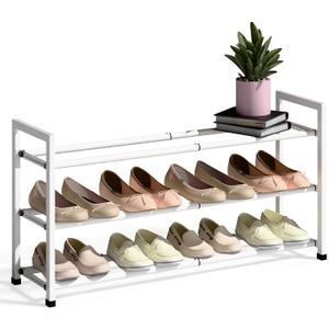 Bumusty 3-Tier Expandable Shoe Rack for Closet, 18-33 Adjustable Shoe Rack for Small Space, Small Shoe Organizer for Front Door, Sturdy Metal, White