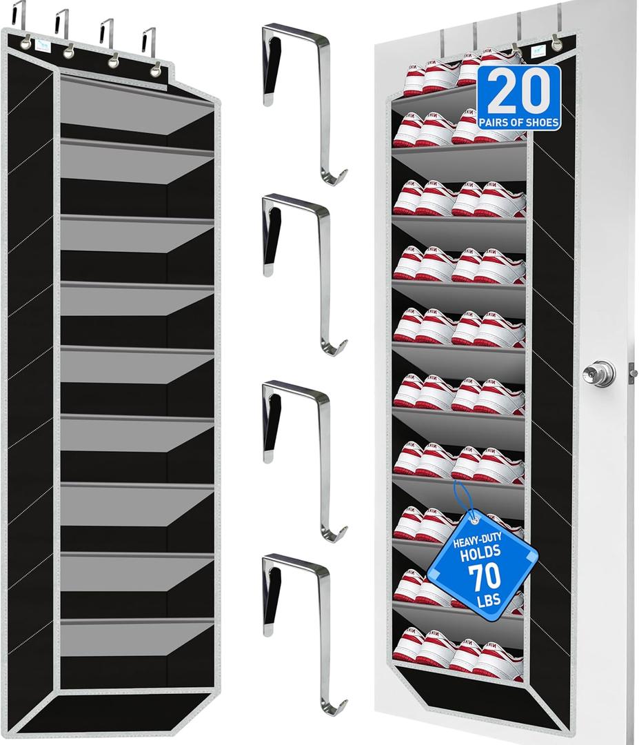 Heavy-Duty, Over The Door Shoe Organizer, Extra Large 10 Tiers, Over Door Shoe Organizer, Coated Hooks Grip Firmly Without Scratching Paint,75LB, Door Shoe Rack,Grey