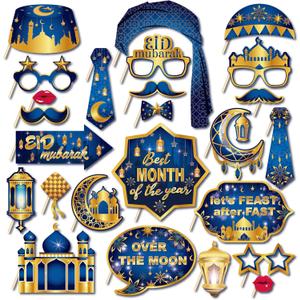 25PCS Eid Mubarak Photo Booth Props Party Supplies Muslim Islamic Ramadan Kareem Party Decoration(Blue)