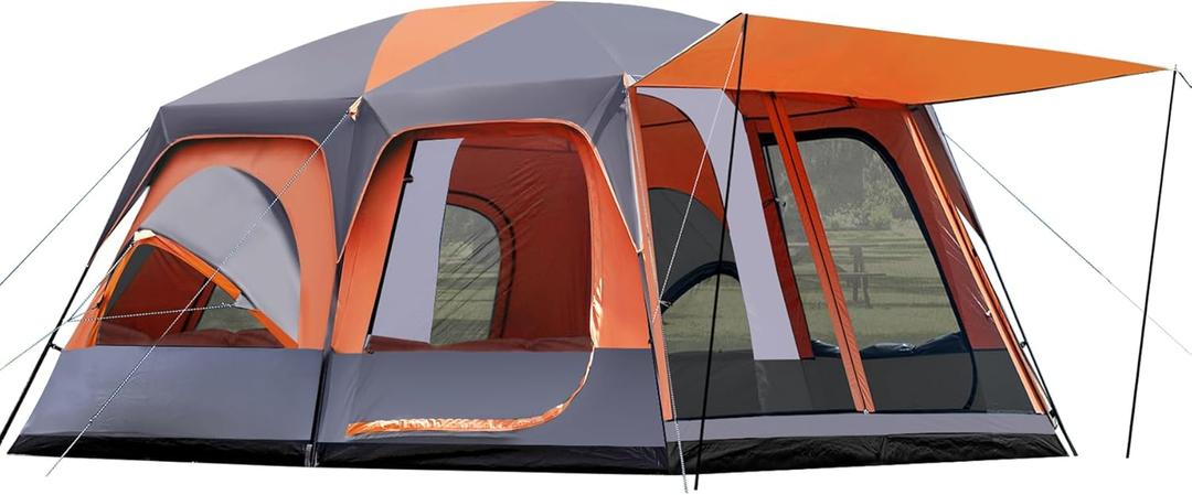 810-12 Person Camping Tent, 2 Room Family Tent with Zippered Divider, Porch, Rainfly, Extra Large Waterproof Cabin Tent with 3 Mesh Doors & Windows, Easy Setup 7.1 ft Tall Tent for Outdoor Camping (Orange)