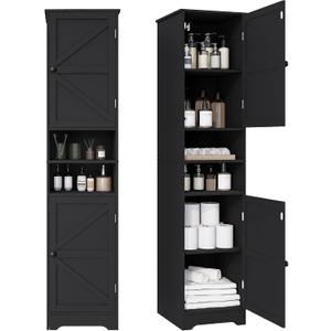 Tall Bathroom Storage Cabinet, Vertical Freestanding Organizer with Adjustable Shelf, Slim Design for Small Bathrooms, Towels & Toiletries Storage Black