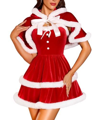 RSLOVE Christmas Outfits for Women - Sexy Christmas Dress with Cape 2Pcs Velvet Santa Costume Xmas Babydoll Furry, Medium
