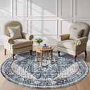 AMADA Round 8x8 Washable Area Rug for Dining Room, Blue, Vintage Pattern