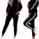 CHICME Women's Three Piece Outfits Striped Tape Patch Tank Tops Bomber Jacket with Sporty Pants Tracksuit Lounge Sets L