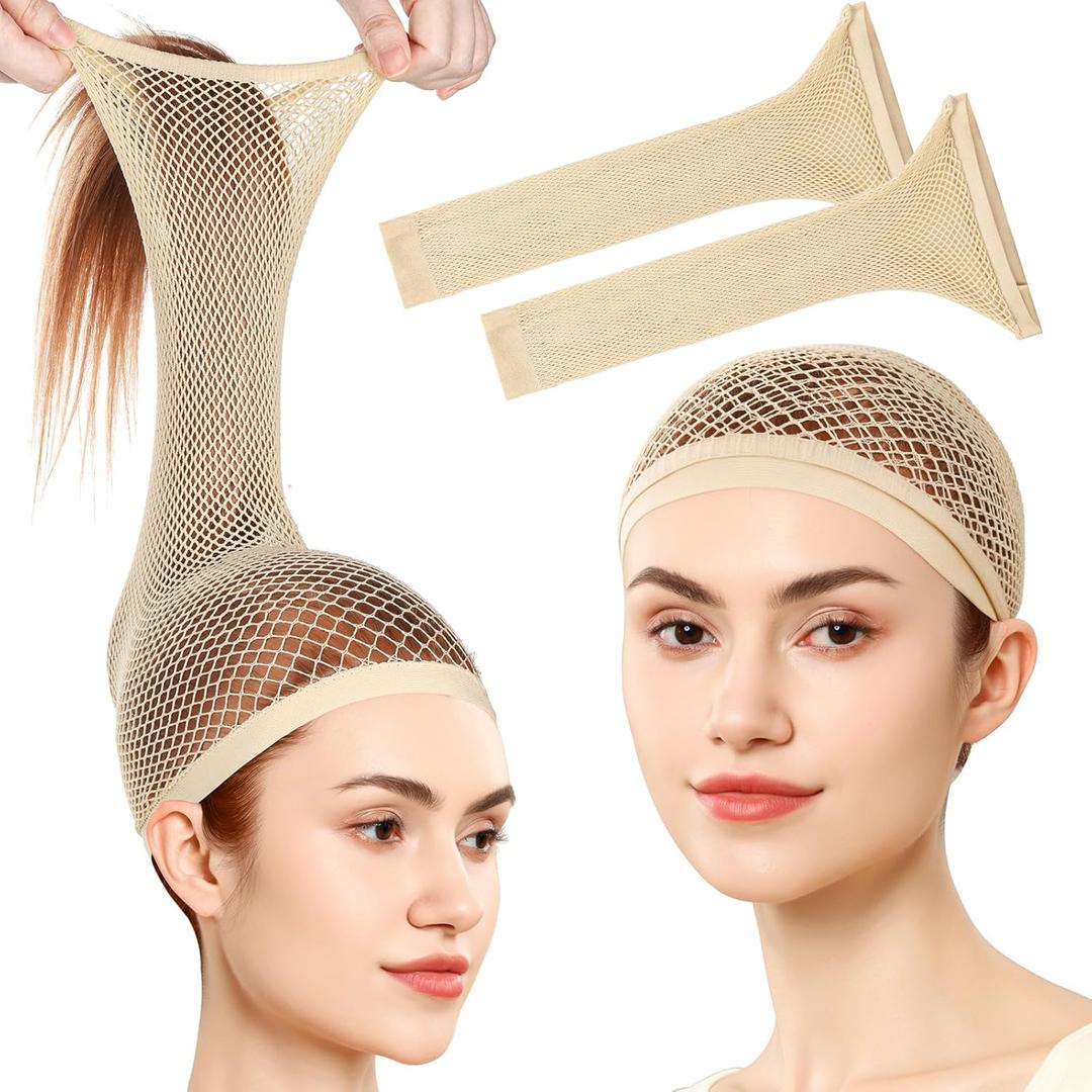 Fandamei Wig Cap, Hair Net for Wigs, 30 CM Large Mesh Wig Cap for Long Hair for Women, Nylon Hair Net Non Slip for Halloween Rave Party Cosplay-Light Brown 2 PCS