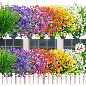 Ouddy Decor 24 Bundles Artificial Flowers for Outdoors UV Resistant Fake Plastic Plants Faux Boston Fern Greenery Stems for Spring Summer Indoor Garden Patio Window Box Kitchen Home Decor, Mixedcolor