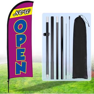 Buryeah Now Open Flag Banner for Business Advertising 7 x 5.4 ft Feather Flag Sign with Flagpole Ground Stake Portable Bag Opening Signs Banner Set for Outside Business(Purple)