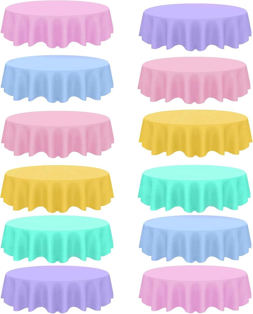 2 x 12 Pcs Spring Easter Plastic Tablecloths, Disposable Round Blue Pink Green Purple Yellow Table Cover 84 Inch Waterproof Table Covers for Spring Easter Birthday Wedding Bridal Shower Party Decorations