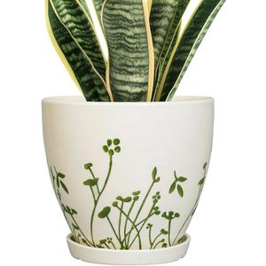 Indoor Plant Pot 8.2 Inch - Ceramic Planter with Drainage Hole and Saucer, Boho Round Decorative Flower Pot for Indoor Outdoor Flowers, Plant Lover Gifts, Office Home Garden Patio Decor, White