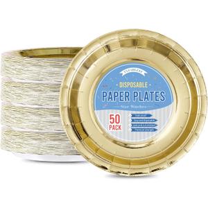 Disposable Paper Plates Gold, 50 Count 9 Dinner Plates Bulk for Party Supplies, Colored and Sturdy Party Plates for Birthday, Wedding, Baby shower, Bridal party supplies