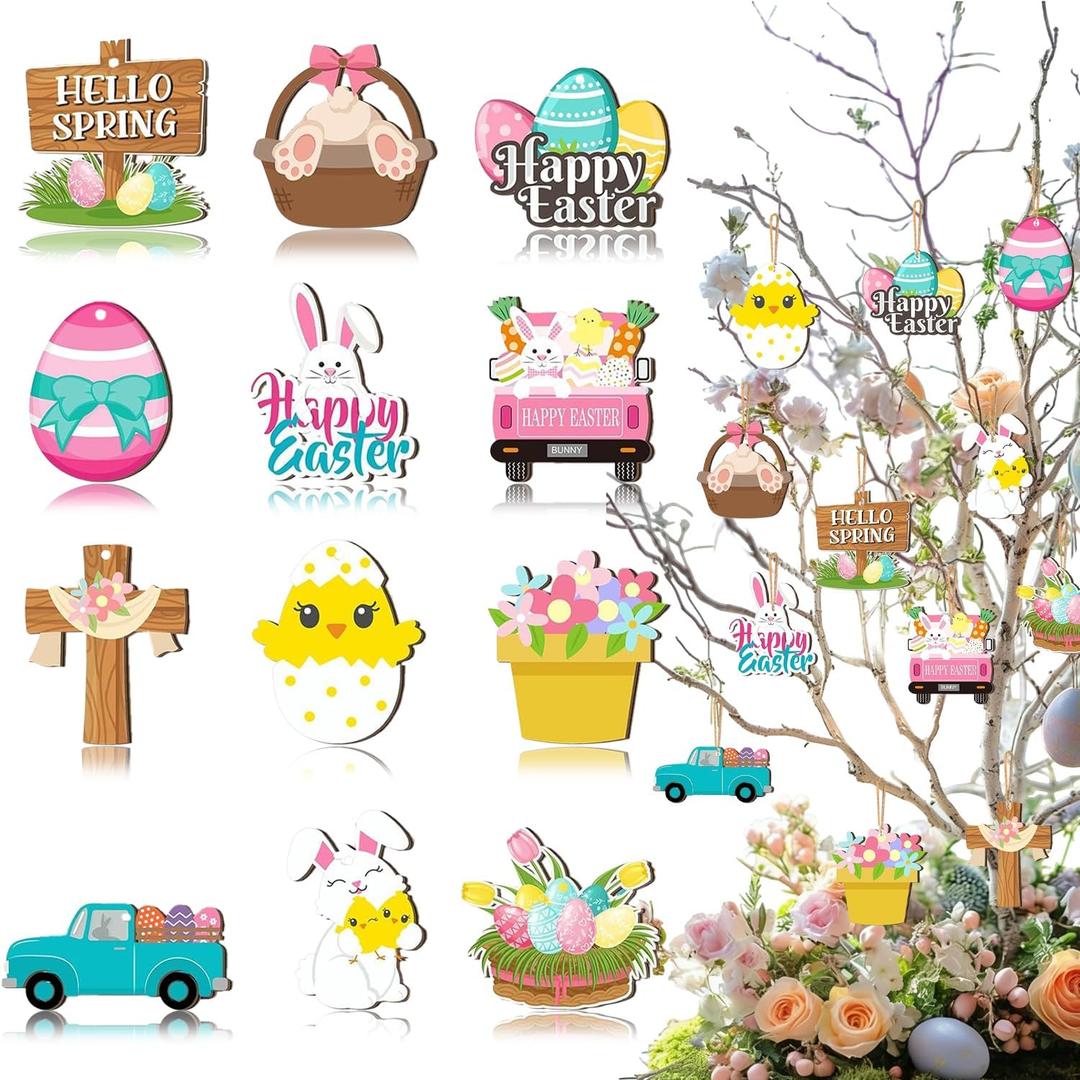 12Pcs Wooden Happy Easter Ornaments for Tree Cute Chick Rabbit Hanging Decorations Truck Easter Egg Spring Flower Hanging Ornaments Holiday Bunny Decorations for Indoor Courtyard Porch Decoration