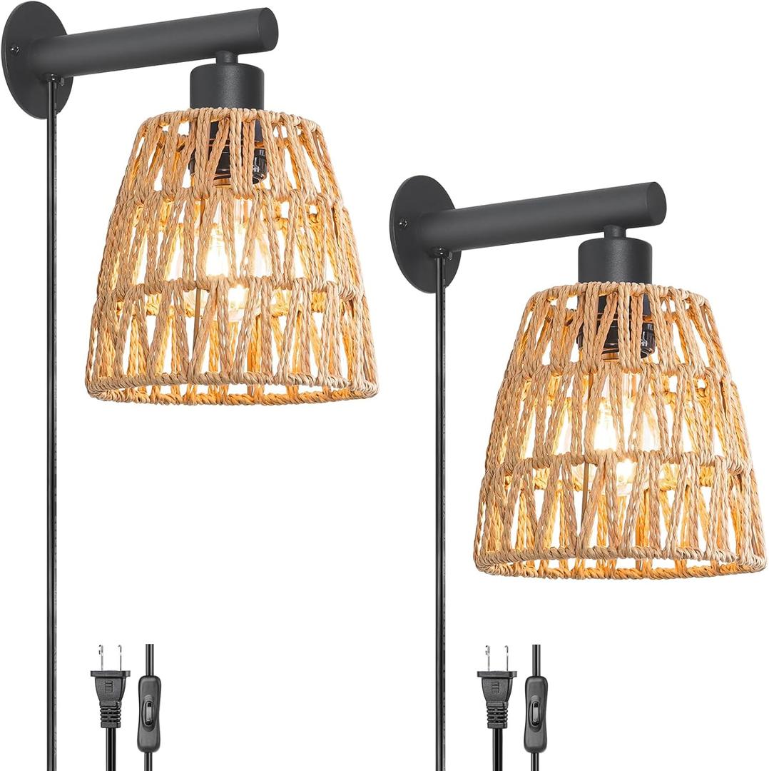 Boho Plug in Wall Sconce Set of 2  Black Farmhouse Wall Lights with Rattan Shade | Bedroom & Living Room Plug in Wall Lamps for Sofa (5.9FT On/Off Switch Cord)