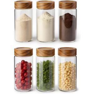 6 -Piece 13 fl oz Food-Grade Glass Mason Jars with Acacia Wood Lids, Sealable Waterproof, Transparent Easily Stackable for Overnight Oats, Spice Storage & Snack Organizing