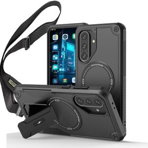 Ysnzaq Crossbody Lanyard Case for Samsung Galaxy A25, Heavy Duty Shockproof Protective Cover with Magnetic Bracket for Galaxy A25, DJ Carbon Black