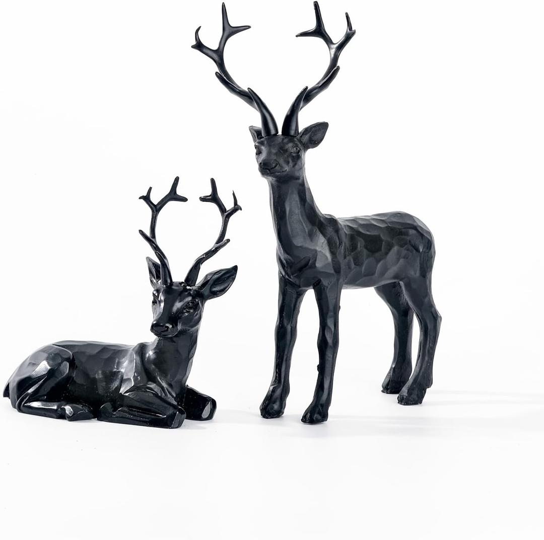DN DECONATION 2PCS Black Reindeer Figurine Decoration, Small Christmas Resin Deer Statue Sculptures, Simple Black Deer Set for Indoor Home Decor Tabletop Offices Bedroom Living Room Shelf, Gifts