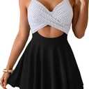 B2prity Women Cutout One Piece Skirt Swimsuit V Neck Wrap Tie Back Swimdress Tummy Control Bathing Suits Slimming Swimwear (Black, L)