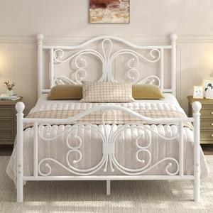 Queen Size Bed Frame，Metal Platform Bed with Headboard, Butterfly Pattern Design Headboard & Footboard, Strong Metal Slat Support, Easy Assemble, No Box Spring Needed, Noise-Free, White