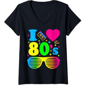 Womens I Love The 80s Clothes for Women and Men Party Funny Tee V-Neck T-Shirt (Small, Black)
