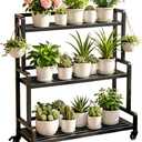 3 Tier Rolling Plant Stand with Wheels, Heavy Duty Metal Plant Shelf