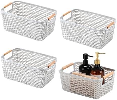 Ziliny 4 Pcs Plastic Mesh Baskets with Handles - Mesh Storage Organizer Bin Container Baskets for Home Organizing Pantry Closet Cabinet Kitchen Fridge Fruit Snacks Gifts, Grey(Small)