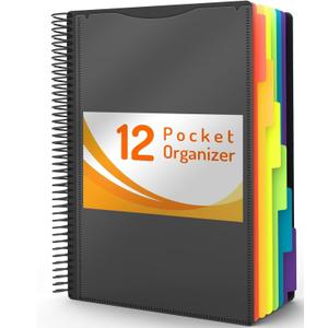 12 Pocket Project Organizer, Forvencer 1/6-cut Tab Binder Organizer with Sticky Labels, Multi Pocket Folder with Zipper Pouch, Folder Binder Spiral Pocket Notebook, Office Supplies, Letter Size, Black