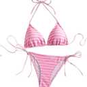 Women's Striped Knot Bathing Suit High Waisted Halter Triangle Swimsuit Bikini Set (Pink, S)