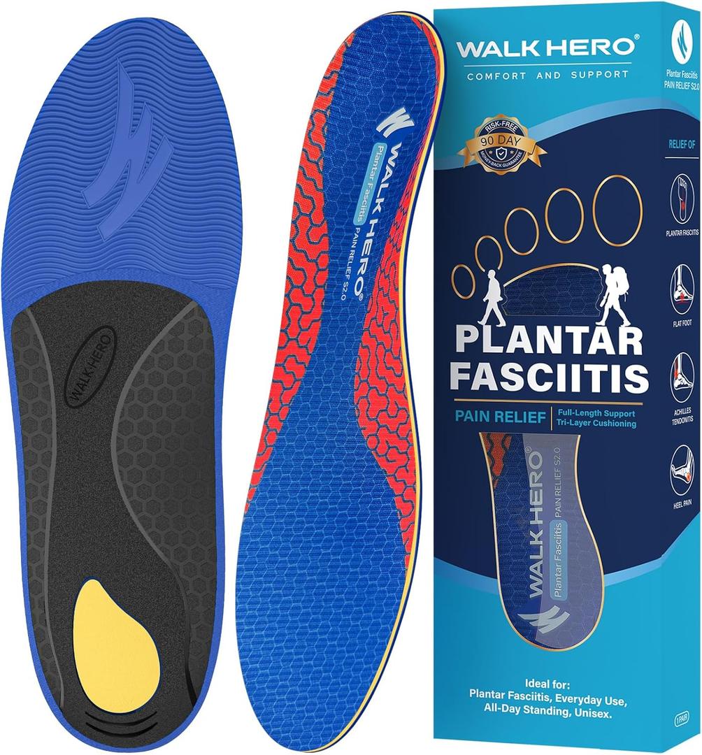 WalkHero Arch Support Shoe Inserts - Orthotic Insoles for Flat Feet,Plantar Fasciitis Insoles for Foot Pain Arch Pain Reduce Muscle Fatigue Absorb Shock Mens 15-15.5 (Deep Blue Red)